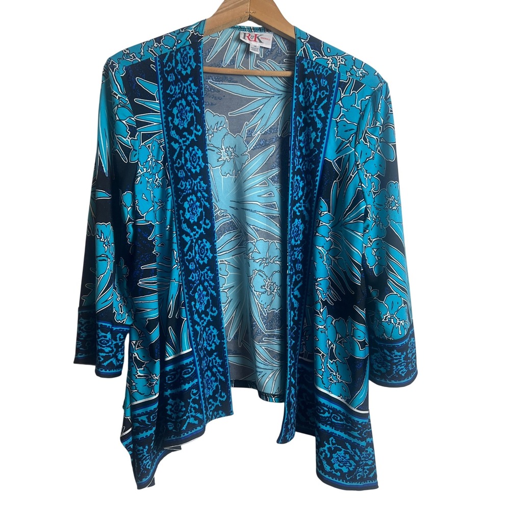 R&K Originals Blue Tropical Floral Open Front Cardigan Wrap Size 14